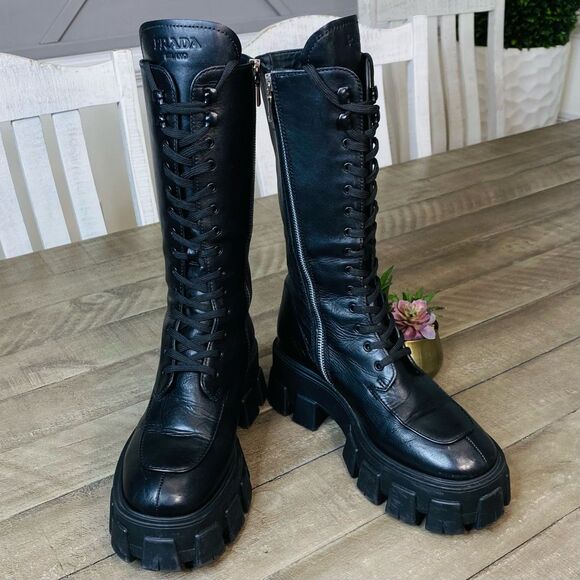 Prada Lug-Sole Tall Leather Combat Boots Size 7 (37.5) - Picture 2 of 15